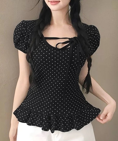 core core(コアコア)の「ドット柄リボンレース裾フリル半袖トップス(Tシャツ/カットソー・レディース・ホワイト/グレー/ブラック・FREE)」の3枚目の写真