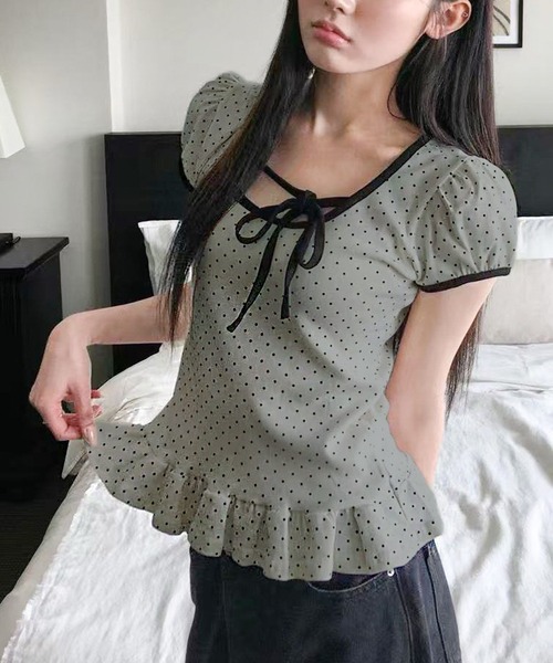 core core(コアコア)の「ドット柄リボンレース裾フリル半袖トップス(Tシャツ/カットソー・レディース・ホワイト/グレー/ブラック・FREE)」の9枚目の写真