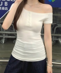 ワンショルダー ギャザー フロントボタン スリム 半袖Tシャツ