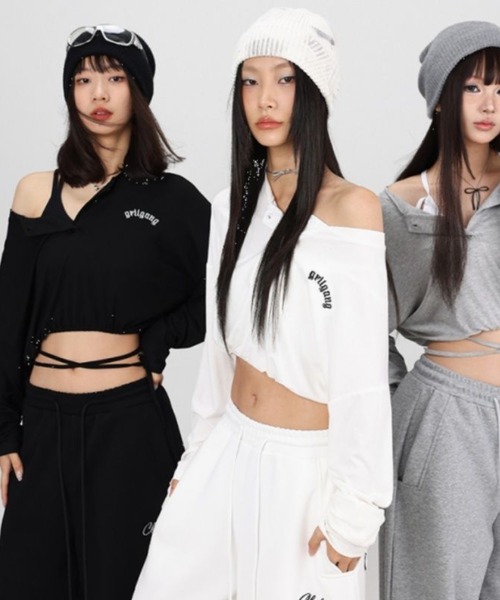 CHEER(チアー)の「【変形2WAY】左脇ドローコード付き ヘンリーネック クロップドプルオーバー ショート丈 ドロップショルダー さらもち触感(Tシャツ/カットソー・レディース・グレー・FREE)」の19枚目の写真
