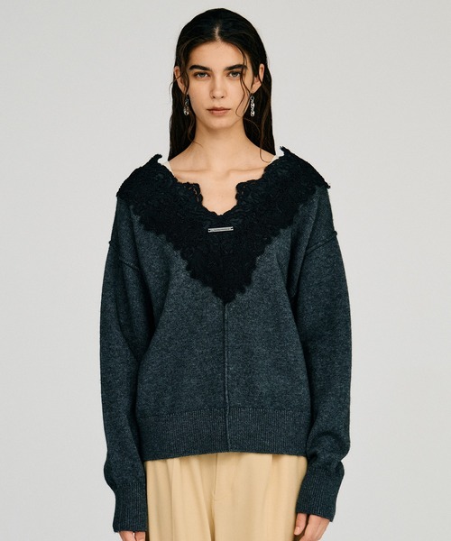 PRANK PROJECT（プランクプロジェクト）の「【2026Autumn Pre-Order】Vネックレースニット / V-Neck Lace Knit（ニット/セーター・レディース・ブルー/ブラック/チャコールグレー・FREE）」の9枚目の写真
