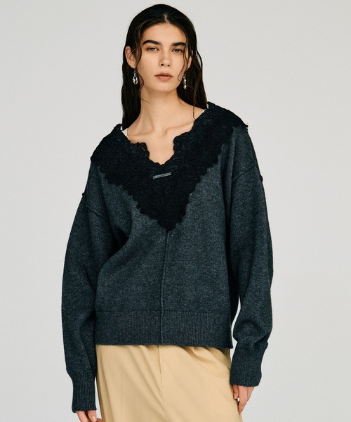 PRANK PROJECT（プランクプロジェクト）の「【2026Autumn Pre-Order】Vネックレースニット / V-Neck Lace Knit（ニット/セーター・レディース・ブルー/ブラック/チャコールグレー・FREE）」の10枚目の写真