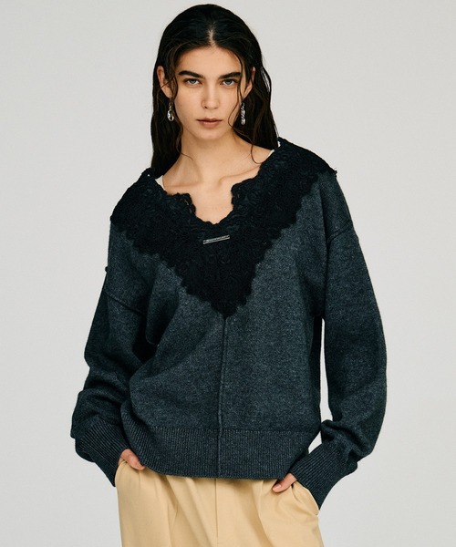 PRANK PROJECT（プランクプロジェクト）の「【2026Autumn Pre-Order】Vネックレースニット / V-Neck Lace Knit（ニット/セーター・レディース・ブルー/ブラック/チャコールグレー・FREE）」の11枚目の写真