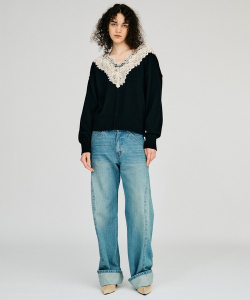 PRANK PROJECT（プランクプロジェクト）の「【2026Autumn Pre-Order】Vネックレースニット / V-Neck Lace Knit（ニット/セーター・レディース・ブルー/ブラック/チャコールグレー・FREE）」の4枚目の写真