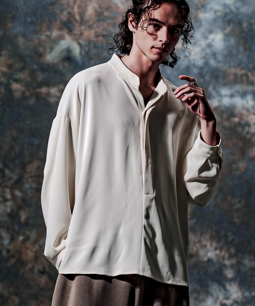 Jih Nunc(ジーヌンク)の「ms6594-ストレッチスタンドカラーオーバーシャツ(JIH-R1235)(シャツ/ブラウス・メンズ・ダークベージュ/ブラック/チャコール/オフホワイト・L/S/M)」の15枚目の写真