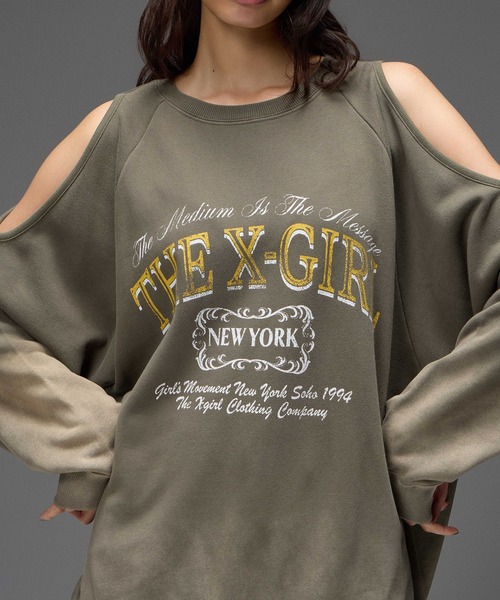 X-girl(エックスガール)の「GRADIENT SPRAY OPEN-SHOULDER SWEATSHIRT(スウェット・レディース・アッシュ/オリーブ/ブラック・S/M)」の13枚目の写真