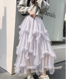 イレギュラーヘムボリュームフリルチュールスカート