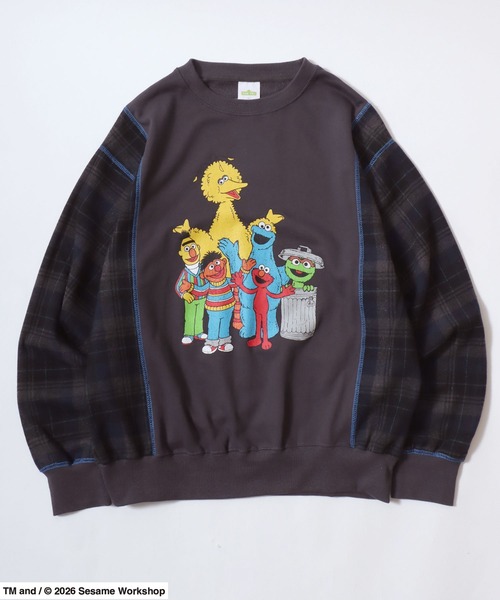 SESAME STREET(セサミストリート)の「SESAME STREET(セサミストリート)キャラクタープリント チェック柄袖切替スウェットトレーナー/ビッグシルエット/ユニセックス(スウェット・メンズ・オフホワイト/ネイビー/チャコールグレー・LL/L/M)」の2枚目の写真