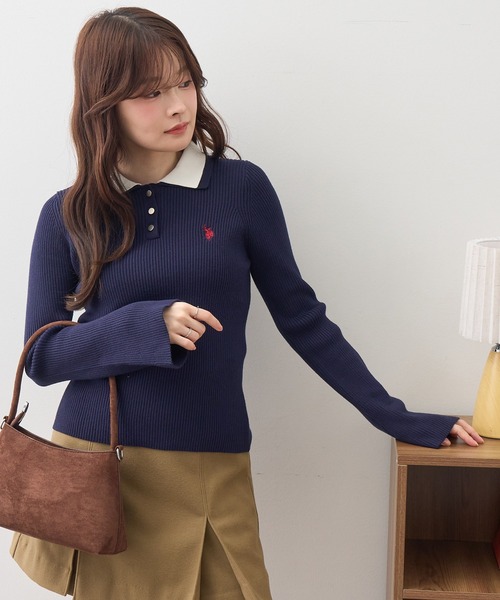 U.S. POLO ASSN.(ユーエスポロアッスン)の「【U.S. POLO ASSN./ユーエスポロアッスン】ワンポイント刺繍 バイカラー フレアスリーブ ニット(ニット/セーター・レディース・ネイビー/グレー/アイボリー・M/L)」の3枚目の写真