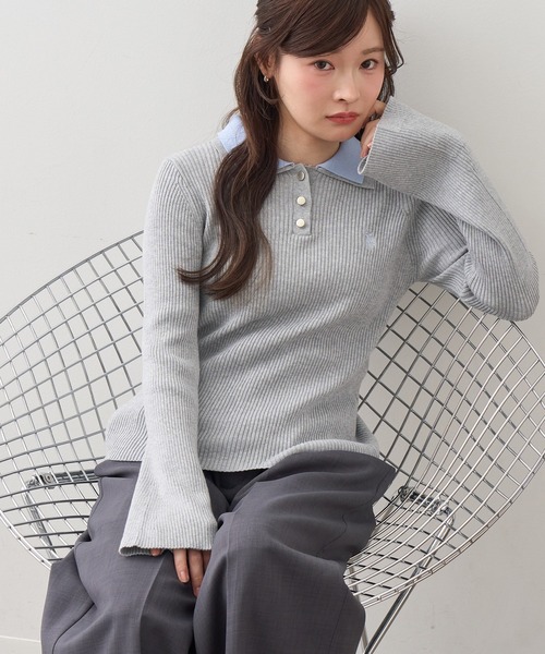 U.S. POLO ASSN.(ユーエスポロアッスン)の「【U.S. POLO ASSN./ユーエスポロアッスン】ワンポイント刺繍 バイカラー フレアスリーブ ニット(ニット/セーター・レディース・ネイビー/グレー/アイボリー・M/L)」の2枚目の写真