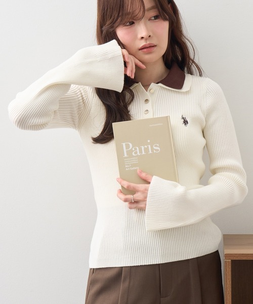 U.S. POLO ASSN.(ユーエスポロアッスン)の「【U.S. POLO ASSN./ユーエスポロアッスン】ワンポイント刺繍 バイカラー フレアスリーブ ニット(ニット/セーター・レディース・ネイビー/グレー/アイボリー・M/L)」の1枚目の写真
