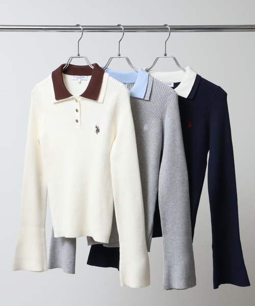 U.S. POLO ASSN.(ユーエスポロアッスン)の「【U.S. POLO ASSN./ユーエスポロアッスン】ワンポイント刺繍 バイカラー フレアスリーブ ニット(ニット/セーター・レディース・ネイビー/グレー/アイボリー・M/L)」の12枚目の写真