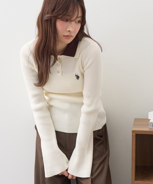 U.S. POLO ASSN.(ユーエスポロアッスン)の「【U.S. POLO ASSN./ユーエスポロアッスン】ワンポイント刺繍 バイカラー フレアスリーブ ニット(ニット/セーター・レディース・ネイビー/グレー/アイボリー・M/L)」の13枚目の写真