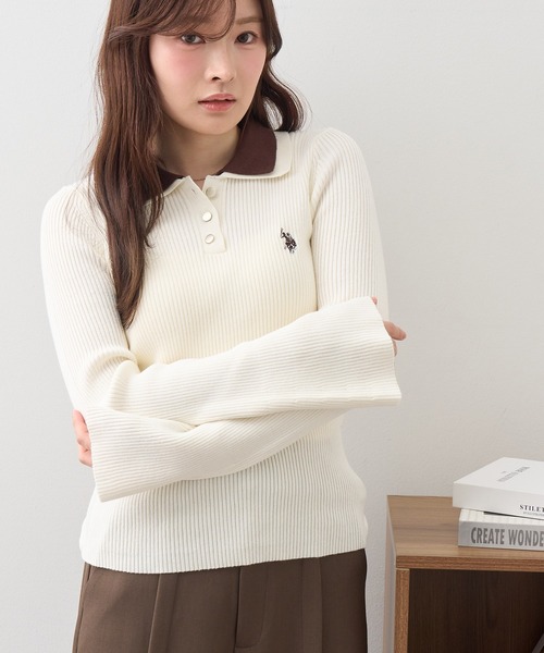 U.S. POLO ASSN.(ユーエスポロアッスン)の「【U.S. POLO ASSN./ユーエスポロアッスン】ワンポイント刺繍 バイカラー フレアスリーブ ニット(ニット/セーター・レディース・ネイビー/グレー/アイボリー・M/L)」の15枚目の写真