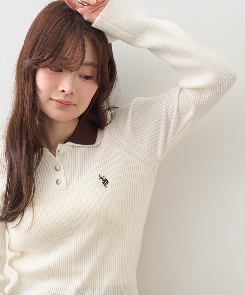 U.S. POLO ASSN.(ユーエスポロアッスン)の「【U.S. POLO ASSN./ユーエスポロアッスン】ワンポイント刺繍 バイカラー フレアスリーブ ニット(ニット/セーター・レディース・ネイビー/グレー/アイボリー・M/L)」の14枚目の写真