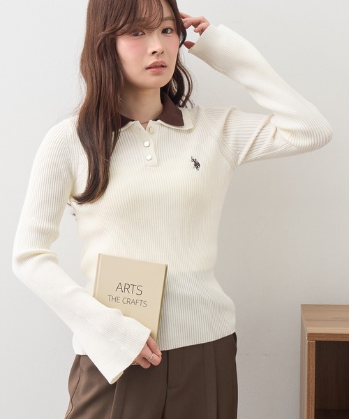 U.S. POLO ASSN.(ユーエスポロアッスン)の「【U.S. POLO ASSN./ユーエスポロアッスン】ワンポイント刺繍 バイカラー フレアスリーブ ニット(ニット/セーター・レディース・ネイビー/グレー/アイボリー・M/L)」の18枚目の写真