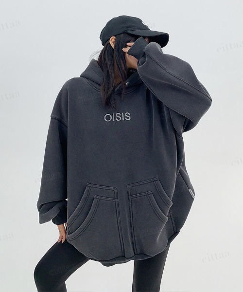 Dalfwin(ダールフィン)の「OISIS刺繍ロゴ切り替えデザインスナップボタン付きウォッシュ加工フーディー(パーカー・レディース・ブラック/グリーン・FREE)」の19枚目の写真