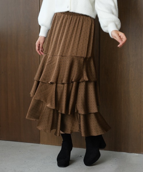 ASTORIA ODIER(アストリアオディール)の「花柄・ドット柄アシメティアードスカート(スカート・レディース・ダークグリーン/ブラウン/モカ/アイボリー・MEDIUM)」の11枚目の写真