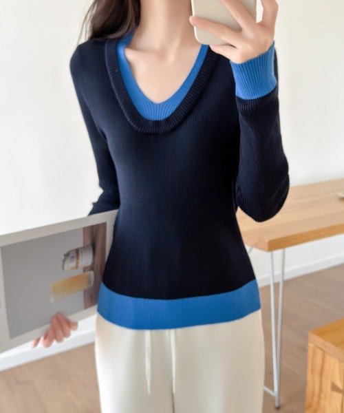 ABITOKYO（アビトーキョー）の「配色Vネックリブニットトップス（ニット/セーター・レディース・ブラック/ブラウン/ネイビー・FREE）」の8枚目の写真