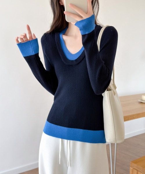 ABITOKYO（アビトーキョー）の「配色Vネックリブニットトップス（ニット/セーター・レディース・ブラック/ブラウン/ネイビー・FREE）」の9枚目の写真