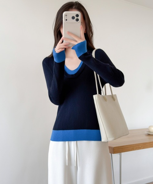 ABITOKYO（アビトーキョー）の「配色Vネックリブニットトップス（ニット/セーター・レディース・ブラック/ブラウン/ネイビー・FREE）」の10枚目の写真