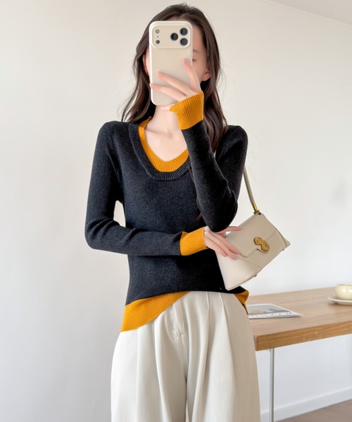 ABITOKYO（アビトーキョー）の「配色Vネックリブニットトップス（ニット/セーター・レディース・ブラック/ブラウン/ネイビー・FREE）」の15枚目の写真