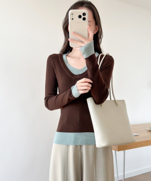 ABITOKYO（アビトーキョー）の「配色Vネックリブニットトップス（ニット/セーター・レディース・ブラック/ブラウン/ネイビー・FREE）」の19枚目の写真