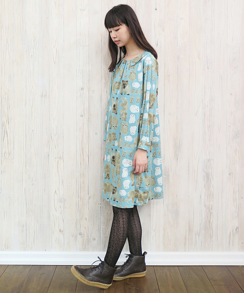 Ne-net（ネネット）の「S どうぶついっぱいプリント（ワンピース・レディース・グリーン/ブルー/ベージュ・02）」の5枚目の写真