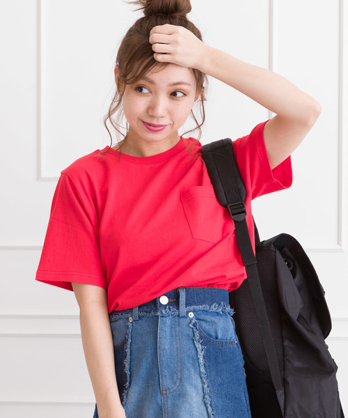 SpRay（スプレイ）の「ポケ付クルーネック　Ｔシャツ（Tシャツ/カットソー・レディース・ホワイト×ブラック/パープル/レッド/グレー/ネイビー/マスタード/ブラック/カーキ/ホワイト/ピンク系その他/キャメル/ライトパープル/ベージュ/イエロー系その他・FREE）」の14枚目の写真