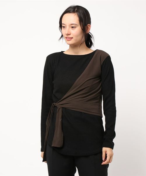 STYLEBLOCK（スタイルブロック）の「起毛リブ×起毛カットソーワンショルドッキングトップス（Tシャツ/カットソー・レディース・ブラック/ベージュ/ブラウン/キャメル・M）」の2枚目の写真
