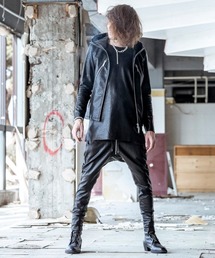 【レザー】NO ID. レザーサルエルパンツ　変形タック　革パン　スエード レザー】NO ID. レザーサルエルパンツ 変形タック 革パン スエード
