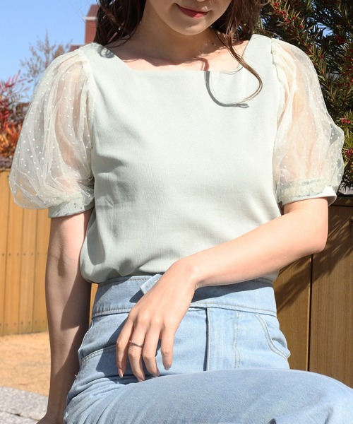 one after another NICE CLAUP（ワンアフターアナザーナイスクラップ）の「シアードットスリーブテレコトップス（Tシャツ/カットソー・レディース・オフホワイト/モカ/ミント/ブラック/グレー・FREE）」の5枚目の写真