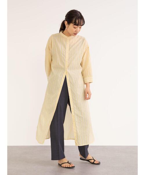 Green　Parks（グリーンパークス）の「ストライプバンドカラー7分袖シャツワンピース＊（ワンピース・レディース・サックスブルー/イエロー/グリーン・FREE）」の8枚目の写真