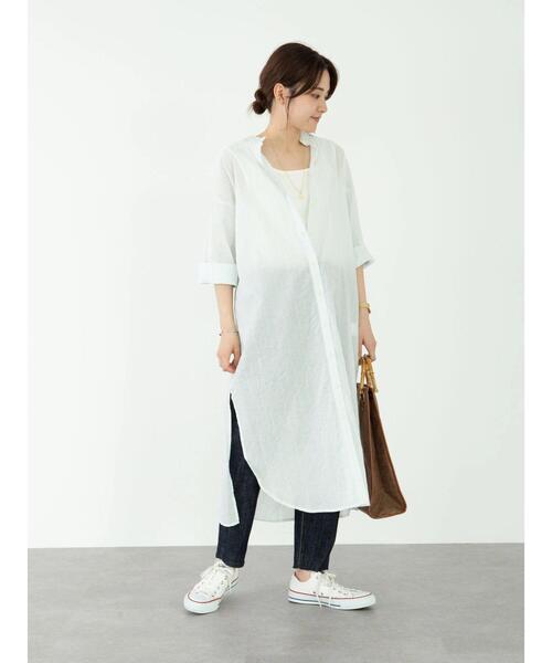 Green　Parks（グリーンパークス）の「ストライプバンドカラー7分袖シャツワンピース＊（ワンピース・レディース・サックスブルー/イエロー/グリーン・FREE）」の10枚目の写真