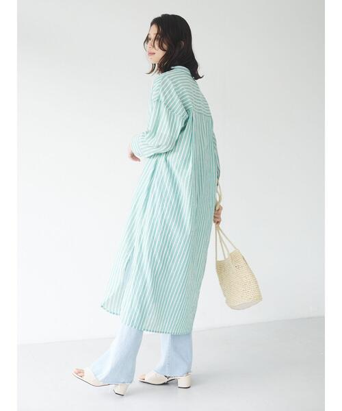 Green　Parks（グリーンパークス）の「ストライプバンドカラー7分袖シャツワンピース＊（ワンピース・レディース・サックスブルー/イエロー/グリーン・FREE）」の11枚目の写真