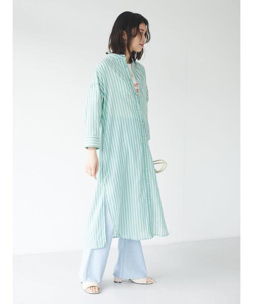 Green　Parks（グリーンパークス）の「ストライプバンドカラー7分袖シャツワンピース＊（ワンピース・レディース・サックスブルー/イエロー/グリーン・FREE）」の12枚目の写真