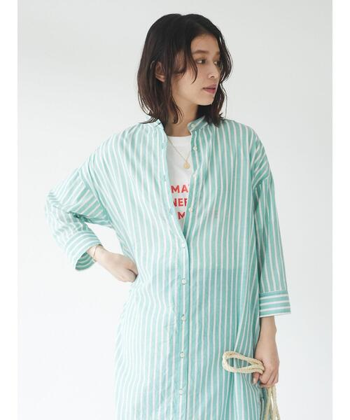 Green　Parks（グリーンパークス）の「ストライプバンドカラー7分袖シャツワンピース＊（ワンピース・レディース・サックスブルー/イエロー/グリーン・FREE）」の15枚目の写真