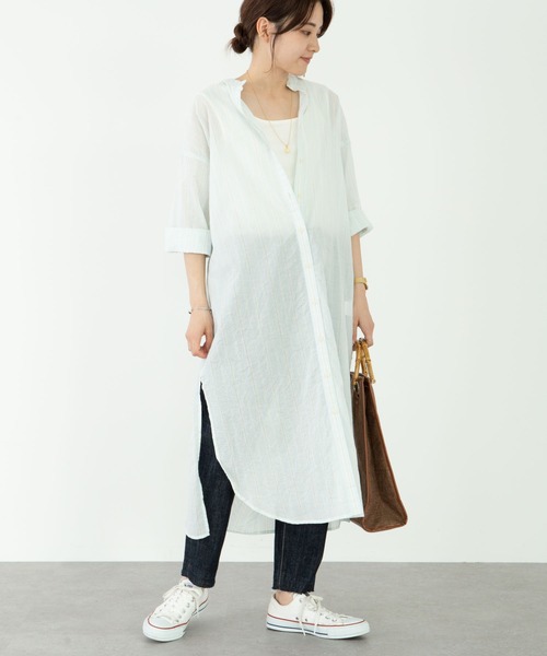 Green　Parks（グリーンパークス）の「ストライプバンドカラー7分袖シャツワンピース＊（ワンピース・レディース・サックスブルー/イエロー/グリーン・FREE）」の3枚目の写真