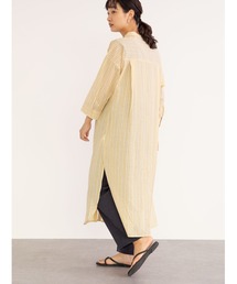 ストライプバンドカラー7分袖シャツワンピース＊