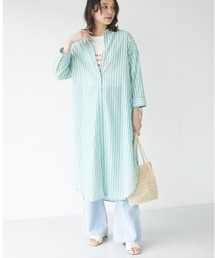 Green　Parks | ストライプバンドカラー7分袖シャツワンピース＊(ワンピース)