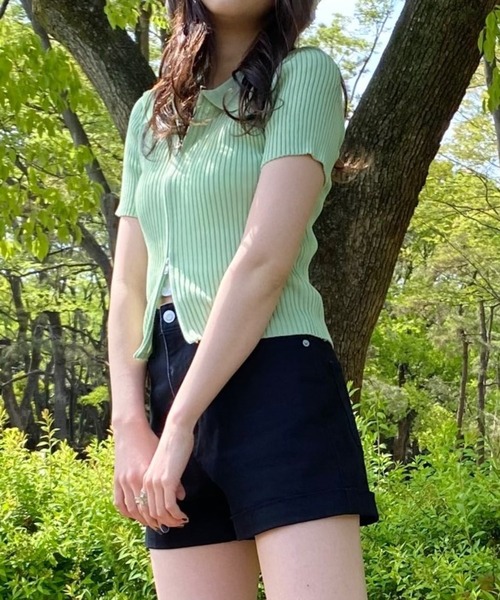 WEGO（ウィゴー）の「WEGO/フロントジップショートニット（ニット/セーター・レディース・ホワイト/ブラック/ライム/オレンジ・FREE）」の8枚目の写真