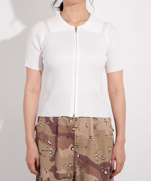 WEGO（ウィゴー）の「WEGO/フロントジップショートニット（ニット/セーター・レディース・ホワイト/ブラック/ライム/オレンジ・FREE）」の21枚目の写真