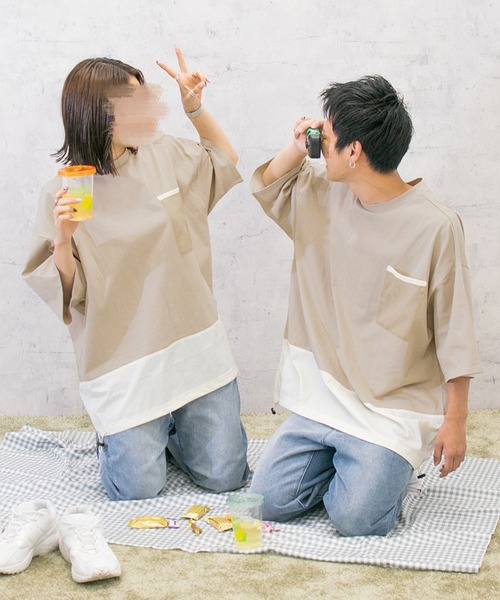 PairPair(ペアペア)の「布帛切り替えTシャツ(ユニセックス)(Tシャツ/カットソー・メンズ・ブラック/グレイッシュベージュ/グレイッシュブルー・MEDIUM/LARGE)」の5枚目の写真