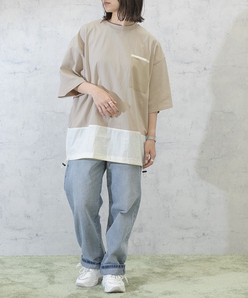 PairPair(ペアペア)の「布帛切り替えTシャツ(ユニセックス)(Tシャツ/カットソー・メンズ・ブラック/グレイッシュベージュ/グレイッシュブルー・MEDIUM/LARGE)」の6枚目の写真