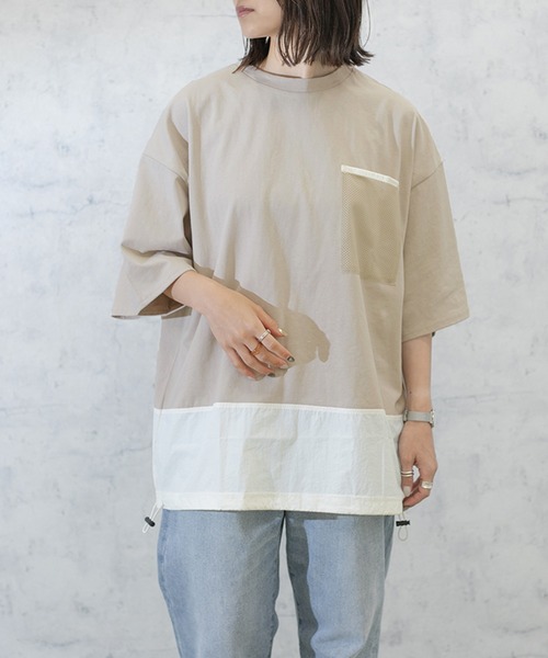 PairPair(ペアペア)の「布帛切り替えTシャツ(ユニセックス)(Tシャツ/カットソー・メンズ・ブラック/グレイッシュベージュ/グレイッシュブルー・MEDIUM/LARGE)」の7枚目の写真
