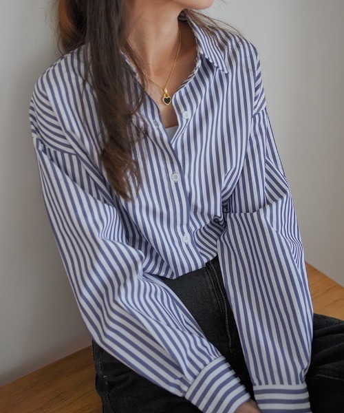 Diosfront（ディオスフロント）の「ストライプルーズシャツ（シャツ/ブラウス・レディース・ライトブルー/ブラック/ネイビー/ピンク/オレンジ・FREE）」の3枚目の写真