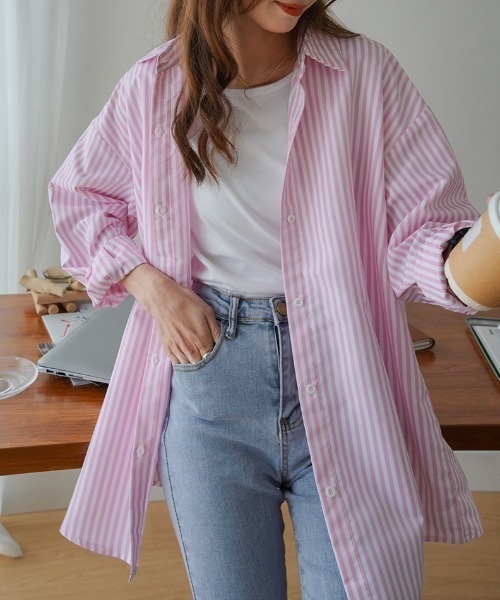 Diosfront（ディオスフロント）の「ストライプルーズシャツ（シャツ/ブラウス・レディース・ライトブルー/ブラック/ネイビー/ピンク/オレンジ・FREE）」の4枚目の写真