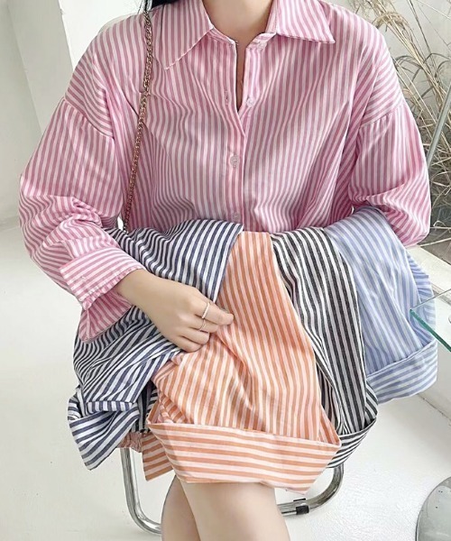 Diosfront（ディオスフロント）の「ストライプルーズシャツ（シャツ/ブラウス・レディース・ライトブルー/ブラック/ネイビー/ピンク/オレンジ・FREE）」の6枚目の写真