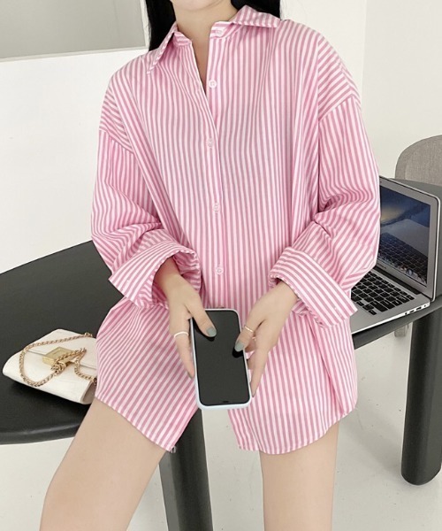 Diosfront（ディオスフロント）の「ストライプルーズシャツ（シャツ/ブラウス・レディース・ライトブルー/ブラック/ネイビー/ピンク/オレンジ・FREE）」の15枚目の写真