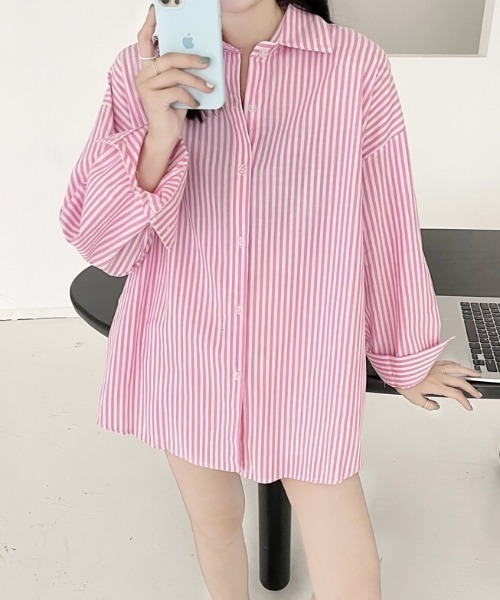 Diosfront（ディオスフロント）の「ストライプルーズシャツ（シャツ/ブラウス・レディース・ライトブルー/ブラック/ネイビー/ピンク/オレンジ・FREE）」の12枚目の写真